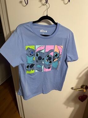 💜 Large Disney Stitch Short Sleeve Tee in Light Blue with Color Block Panels